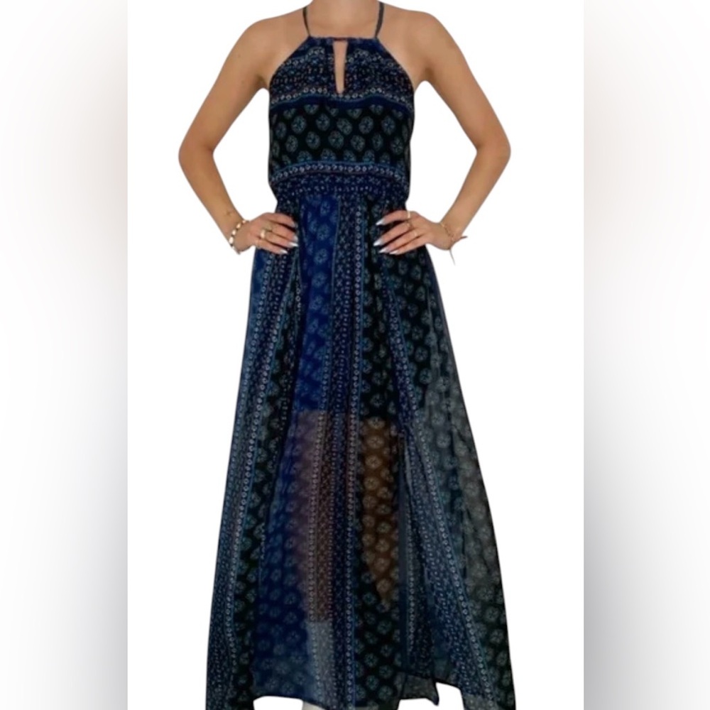 Hollister Blue Patterned Blue Aztec Pattern Halter Maxi Dress